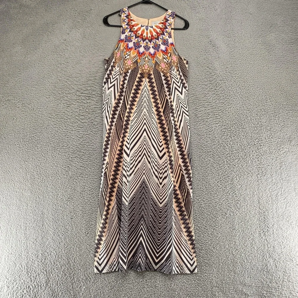 HD In Paris Midi Dress Womens 8 Silk Anthro Geometric Shift Boho Sleeveless‎